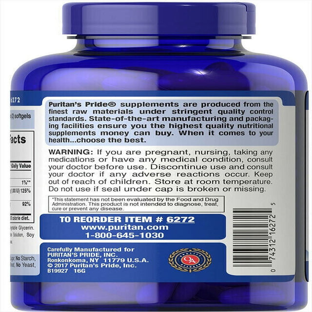 Puritan'S Pride Absorbable Calcium 1200 Mg with Vitamin D 1000 IU, 100 Softgels