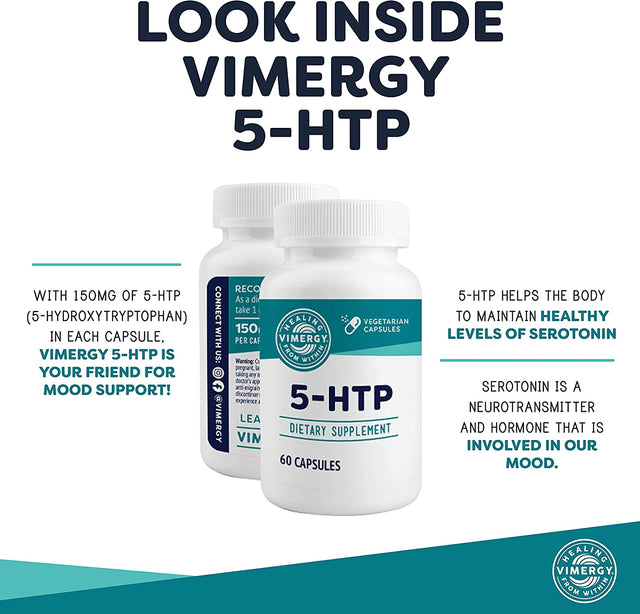 Vimergy 5-HTP Capsules, 60 Servings – Healthy Mood & Stress Support Supplement – Promotes Healthy Levels of Serotonin for Stress Management, Vegan, Non-Gmo, Gluten-Free, Grain-Free, & Paleo