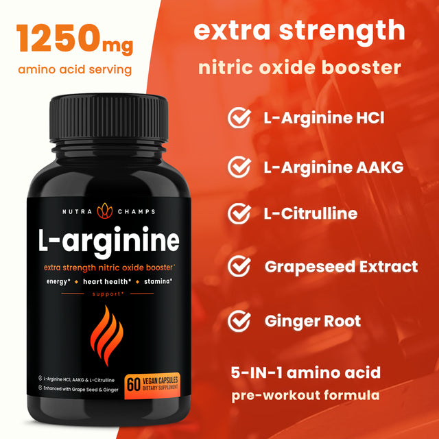 Nutrachamps Premium L Arginine Supplement | 5-In-1 Nitric Oxide Supplement | L-Arginine Powder & L Citrulline Enhanced with Grape Seed & Ginger | Energy, Blood Flow, Heart Health & Stamina | 60 Count