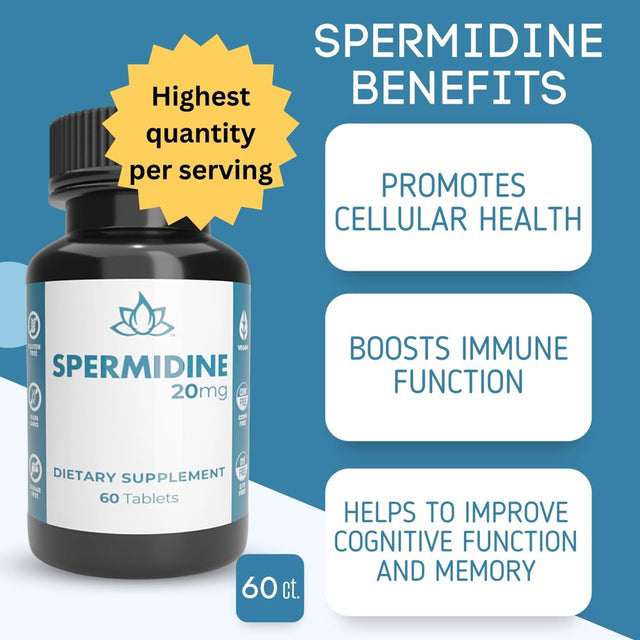 Pure Spermidine 20Mg Supplement - High Potency Fast Absorption - Anti-Aging Fertility and Reproductive Health Support for Men Women - 60 Tablets - Non-Gmo, Gluten-Free | New World Health Brands