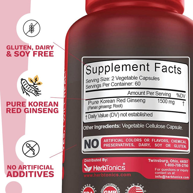 High Strength Korean Red Panax Ginseng Capsules | 1500 Mg Supplement | 120 Vegan Pills | with Ginsenosides Powder Extract to Support Energy, Endurance, Mood, Performance