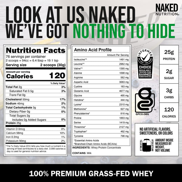 Naked WHEY 5LB 100% Grass Fed Unflavored Whey Protein Powder - US Farms, Only 1 Ingredient, Undenatured - No GMO, Soy or Gluten - No Preservatives - Promote Muscle Growth and Recovery - 76 Servings