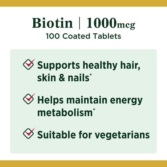 Nature'S Bounty Vitamin B Supplements, Biotin 1000 Mcg Tablets, 100 Count