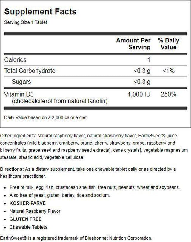 Bluebonnet Earthsweet Chewables Vitamin D3 25 Mcg (1000 IU) Raspberry 90 Tablets