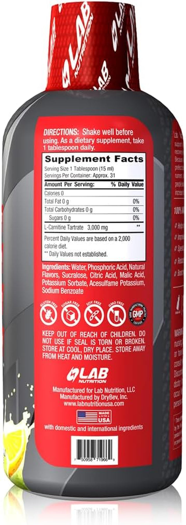 Lab Nutrition - L-Carnitine 3000 MG Liquid Presentation, Supplement Drink, Stimulant Drink, Metabolic Energizer Workout Drink for Performance and Muscle Recovery (31 Servings, Lemon Lime)