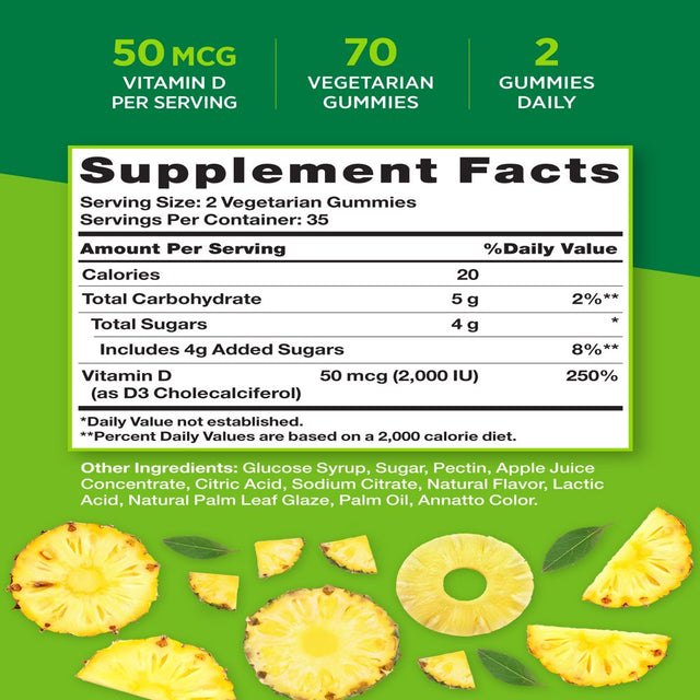 Vitamin D3 Gummies | 2000 IU | 50MCG | 70 Count | Vegetarian, Non-Gmo, Gluten Free | Pineapple Flavor | by Nature'S Truth