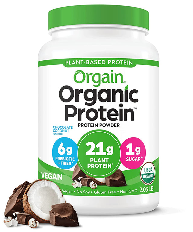 Orgain Organic Vegan Protein Powder, Chocolate Coconut - 21G of Plant Based Protein, Low Net Carbs, Non Dairy, Gluten Free, Lactose Free, No Sugar Added, Soy Free, Kosher, Non-Gmo, 2.03 Pound