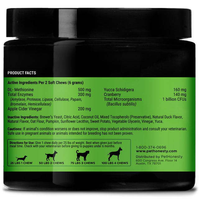 Pet Honesty Dog, Max Strength Grass Green Supplement, Dog Urine Deterrent W Enzymes Probiotics Yucca Schidigera and Cranberry, Smoked Duck Flavor, 90 Count Soft Chews