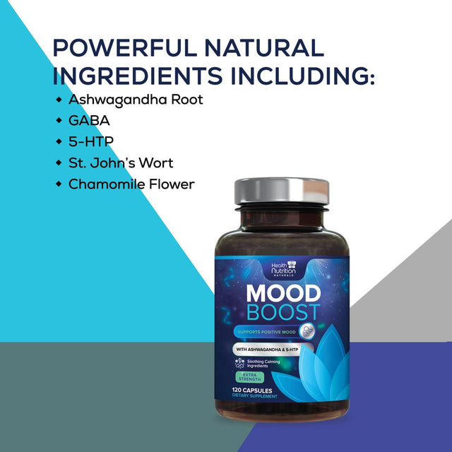 Health Nutrition Naturals Mood Boost Support for Stress 1100Mg - Mood, Calm, and Focus Supplement Formula with 5-Htp, Ashwagandha, GABA Non-Gmo, Vegan, & Bottled in USA Men Women 120 Capsules