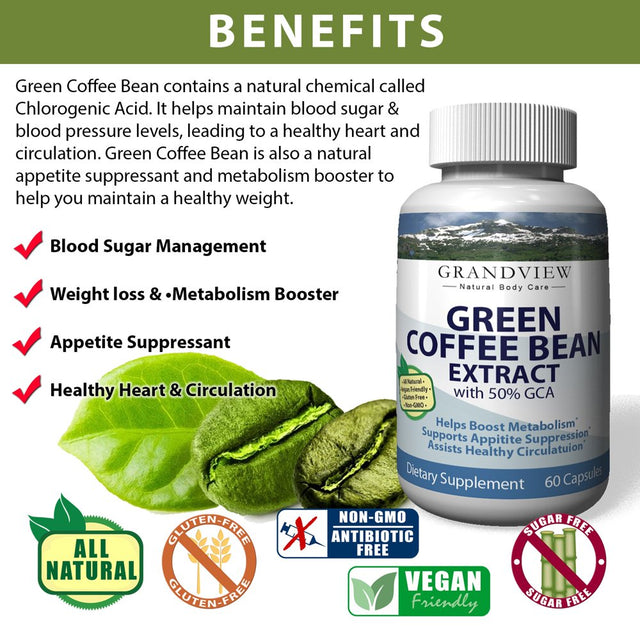 Green Coffee Bean W/Gca - Helps Suppress Appetite Boosts Metabolism Promotes Weight Loss Helps Control Blood Sugar Levels Heart Healthy