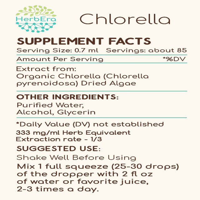 Chlorella Alcohol Herbal Extract Tincture, Super-Concentrated Organic Chlorella (Chlorella Vulgaris) Dried Algae 2 Oz