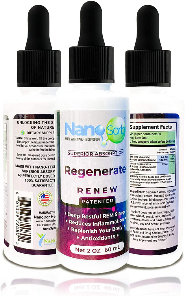 Nanocorhealth Renew Regenerate Sleep Supplement - Liquid Melatonin, Zinc, Selenium, Jujube Extract - Promotes Deep, Restful Sleeping - Natural Nighttime Calming Drops for Adults - 2Oz, 60Ml Bottle