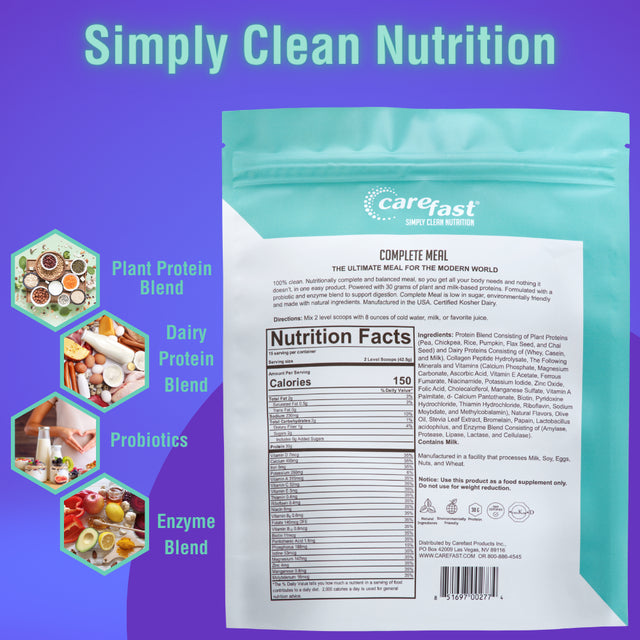 Carefast Complete Meal Replacement Powder Shake Drink Mix - Vanilla Flavored - 30G of Plant & Dairy Based Natural Protein - over 20 Vitamins & Minerals - Delicious Healthy Low Carb Lean Diet Smoothie