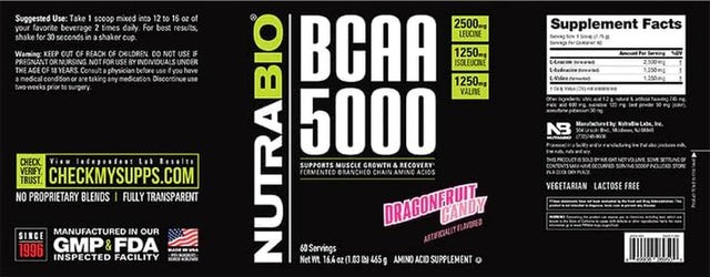 Nutrabio BCAA 5000 Powder - Vegan Fermented Bcaas - Supports Lean Muscle Growth, Recovery, Endurance - Zero Fat, Sugar, and Carbs - 60 Servings - Dragonfruit Candy