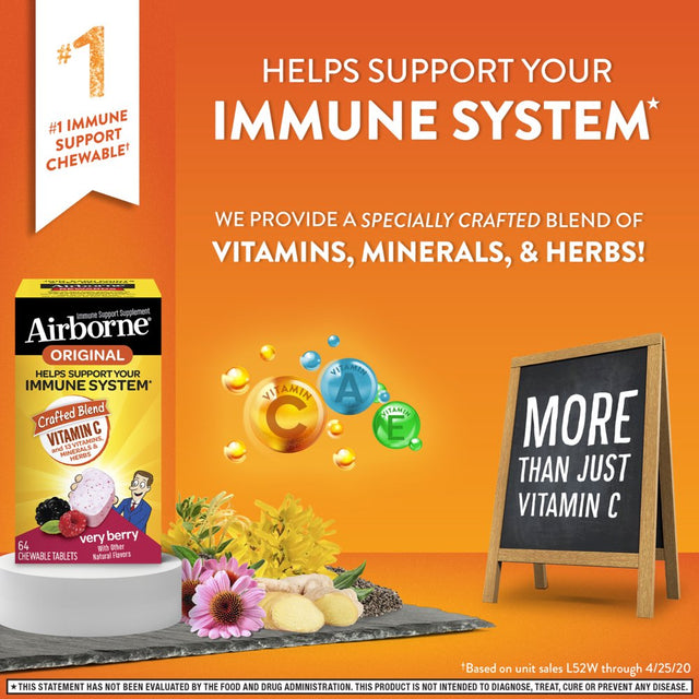 Airborne 1000Mg Vitamin C Immune Support Chewable Tablets, Very Berry Flavor, 64 Count