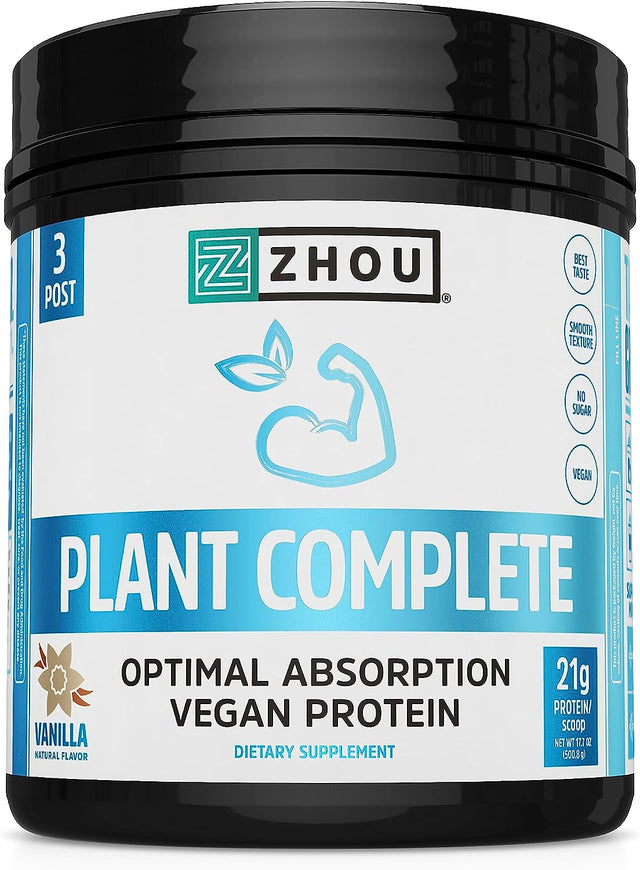 Zhou Nutrition Plant Based Vegan Protein Powder, Best Absorption Digest Score, Complete Amino Acid Profile, Dairy Free, Soy Free, Gluten Free, Sugar Free, Vanilla, 21G Protein, 16 Servings