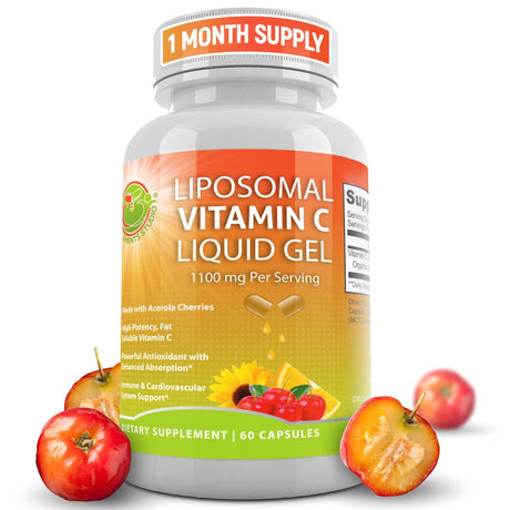 Liposomal Vitamin C Liquid Gel Organic Acerola Cherries, 1100 Mg,- 1 Month Supply