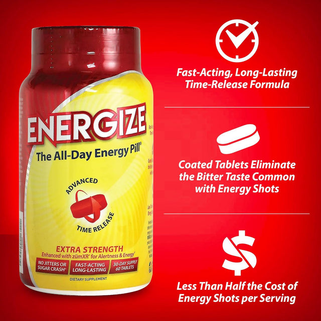 Energize Extra Strength Caffeine Pills, Fast Acting Long-Lasting Energy Pill with Extended Time Release Caffeine, Improved Clarity & Energy Support for Men & Women, No Jitters, No Crash (60 Tablets)