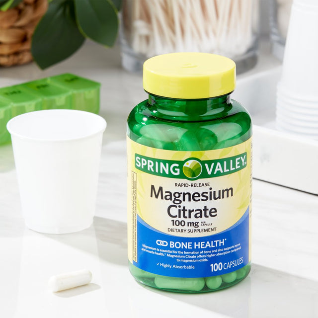 Spring Valley Rapid-Release Magnesium Citrate Bone Health Dietary Supplement Capsules, 100 Mg, 100 Count