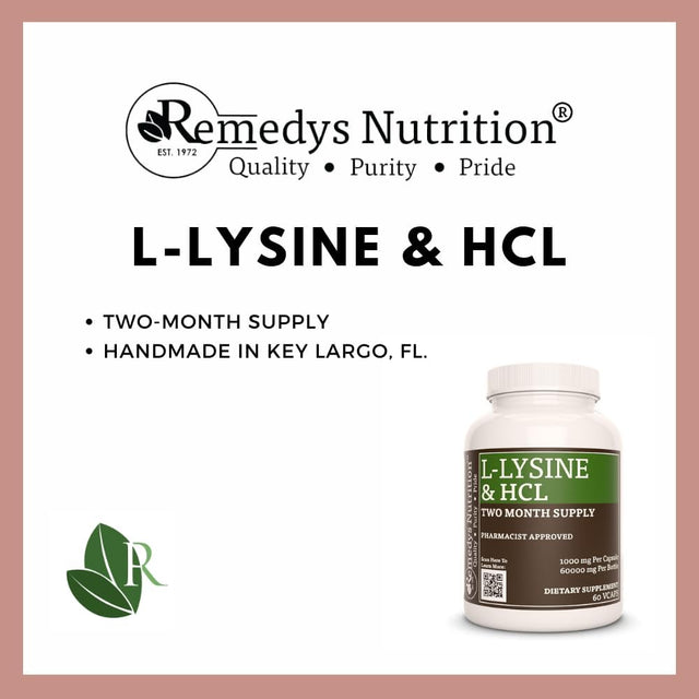 Remedy'S Nutrition L-Lysine HCL 1,000Mg Vegan Capsules Amino Acid Supplement - Non-Gmo, Gluten Free, Dairy Free - Two Month Supply (60 Count)