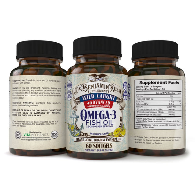 Wild Caught Fish Oil Omega 3 Premium Balanced Ratio DHA EPA Supplements Triple Strength 2500Mg with Lemon, Burpless Pills, Quality USA Made, Highest Purity Mercury Free, Best Size Non-Gmo Omega3