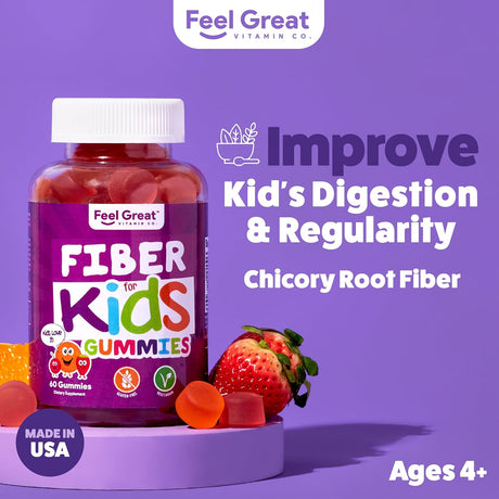 Feel Great Fiber Gummies for Kids Digestive Support | Constipation Relief for Kids | Fruity Flavored Chewable Kids Fiber Gummies | Vegetarian Supplements | 60 Day Supply