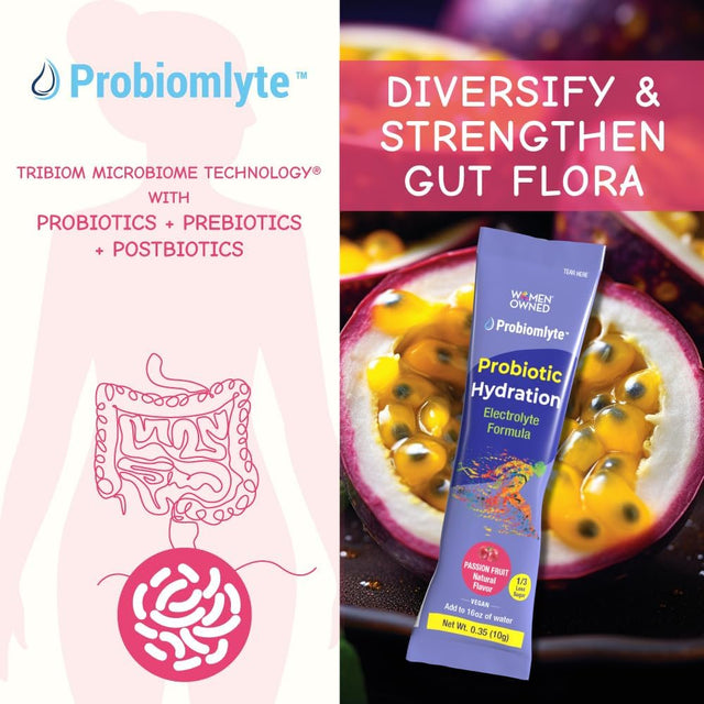 Probiomlyte Probiotic Hydration Amplifier. Electrolytes + Key Vitamins + Probiotics + Prebiotics + Postbiotics + Citrulline |Better Endurance, Performance, Energy, Gut Health| Passion Fruit |10 Sticks