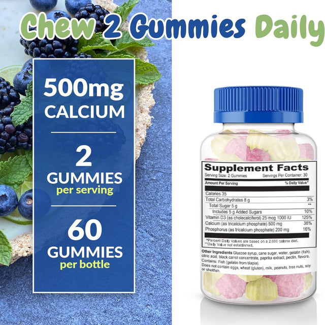 Calcium 500Mg with Vitamin D3 1000 IU Gummies 2 Pack | Great Tasting Natural Berry Flavor