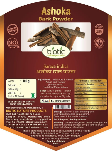 Biotic Ashoka Bark Powder (Saraca Indica) Ashoka Chaal Powder - 100G