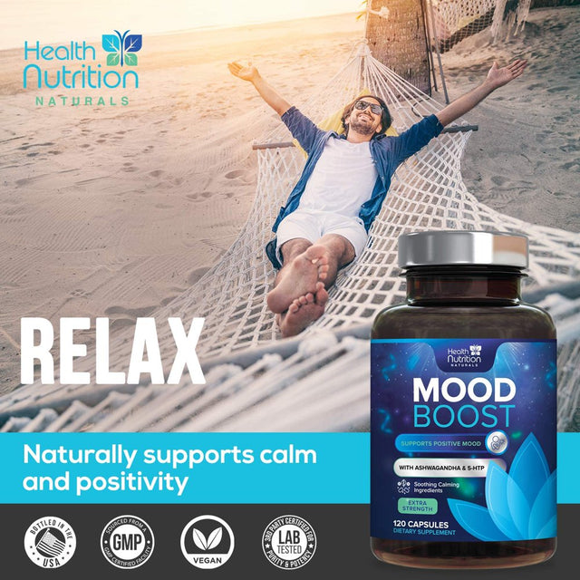 Health Nutrition Naturals Mood Boost Support for Stress 1100Mg - Mood, Calm, and Focus Supplement Formula with 5-Htp, Ashwagandha, GABA Non-Gmo, Vegan, & Bottled in USA Men Women 120 Capsules