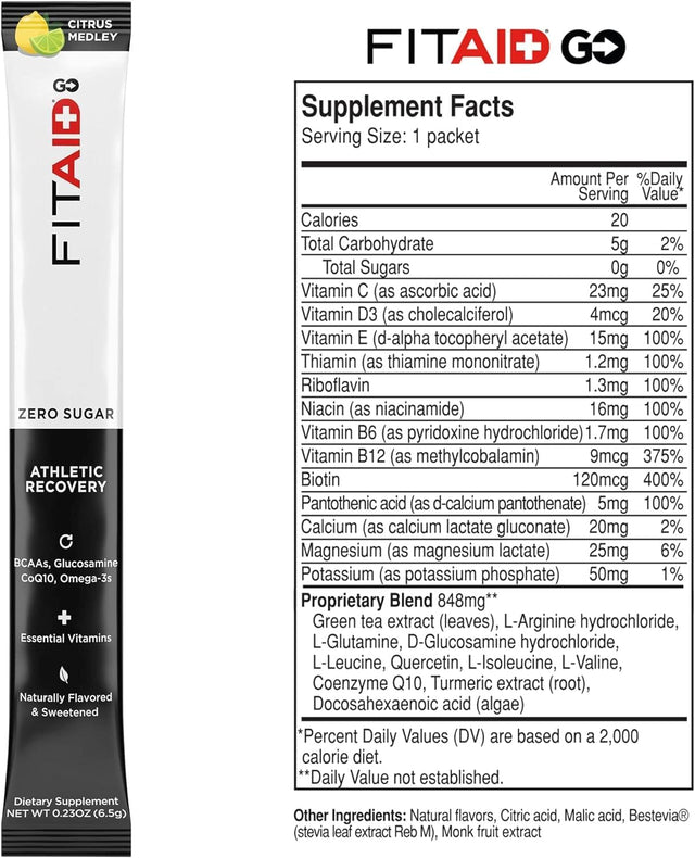 FITAID GO ZERO SUGAR Recovery Hydration Packet, W/ Bcaas, Glucosamine, Electrolytes, Omega-3S, 100% Clean, Keto-Friendly, Vegan & Gluten-Free, 5 Calories, Naturally Sweetened, 14 Pack