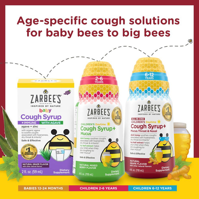 Zarbee’S Kids All-In-One Daytime Cough, Age 6-12, Honey, Turmeric, B3,6,12 & Zinc, Grape, 8FL Oz