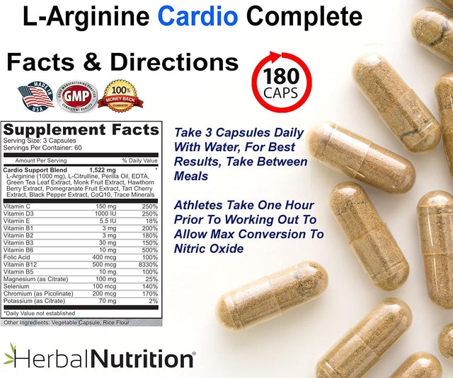 L-Arginine Cardio Complete, Nitric Oxide Booster, 1500Mg Cardio Support Blend plus L-Citrulline, Vitamins Minerals Supports Cardio Health, BP, Energy, Nitric Oxide, One Bottles 180 Caps