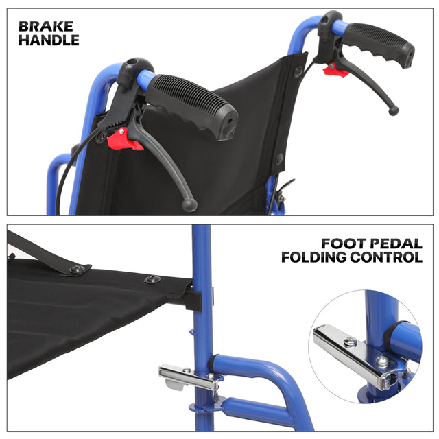 Monicare *FDA APPROVED* Transport Wheelchair, Folding Transport Chair with Swing Away Footrests and Flip Back Backrest, 250Lbs Weight Capacity, Blue