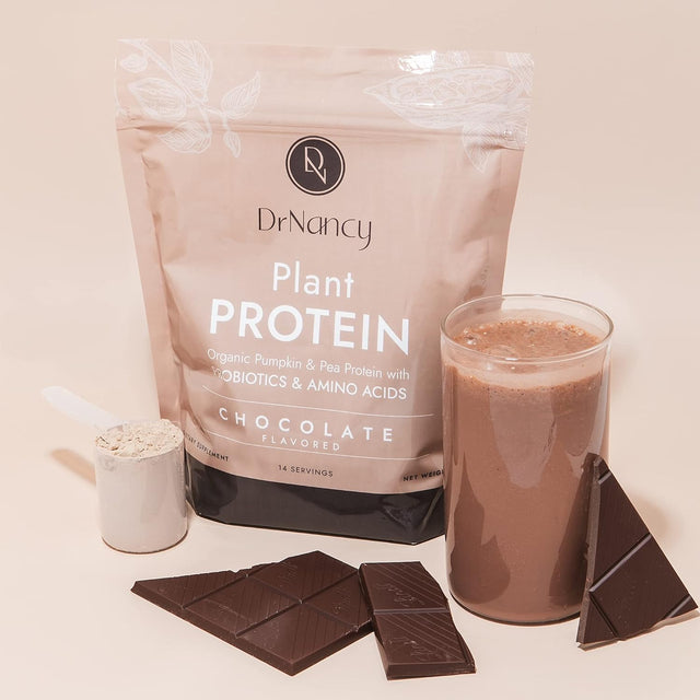 Plant Protein Chocolate by Dr. Nancy MD (14 Servings, 35.3G), 21G Pea and Pumpkin Protein, with Added L-Glutamine & Probiotics