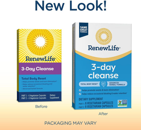 Renew Life 3-Day Cleanse Total Body Reset 2-Part Detox Cleanse Capsules, Digestive Wellness and Regularity, Herbal Blend with Magnesium and Cranberry, Soy, Dairy and Gluten-Free 12 Count