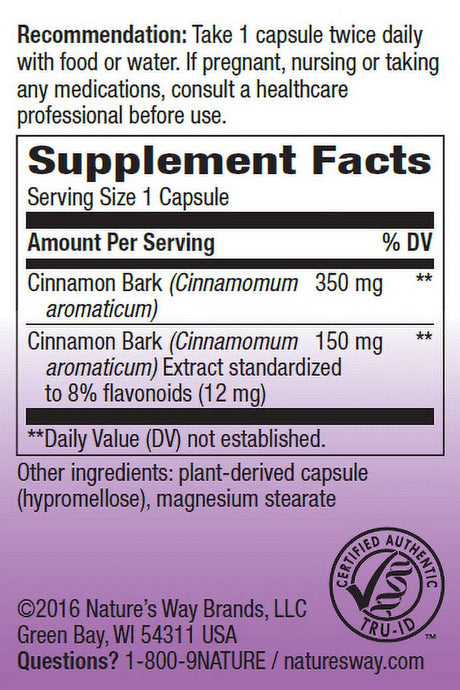 Nature'S Way Cinnamon Standardized Non-Gmo Project Verified, Tru-Id? Certified, 60 Ct