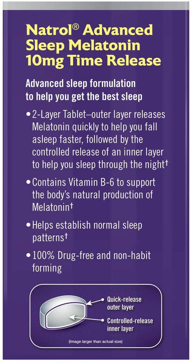 Natrol Melatonin Advanced Sleep Tablets with Vitamin B6, Helps You Fall Asleep Faster, Stay Asleep Longer, 2-Layer Controlled Release, 100% Drug-Free, Maximum Strength, 10Mg, 100 Count