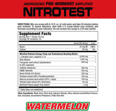 Musclemeds Nitrotest Pre-Workout Supplement Drink, Boost Nitric Oxide, Testosterone, Watermelon, 30 Servings, 1.03 Pound, 1 Count