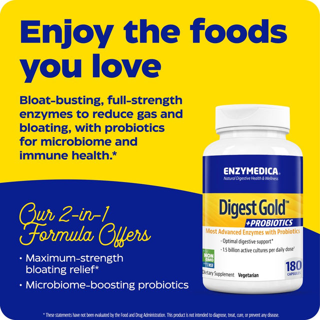 Enzymedica Digest Gold + Probiotics, 2-In-1 Formula for Gut Health, Digestive Enzymes & 1.5 Billion Active Probiotic Cultures, 180 Count