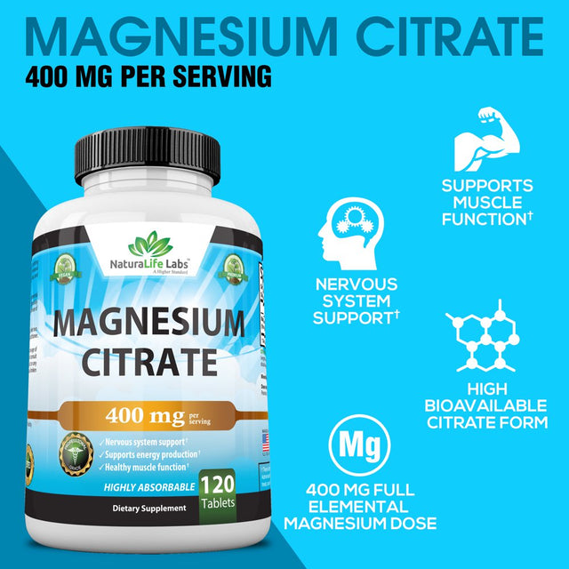 Magnesium Citrate 400 Mg - 120 Tablets Elemental Magnesium Supports Function of Muscles, Bones, Heart Non-Gmo per Serving