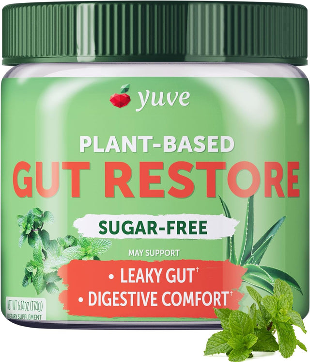 Yuve Gut Health Restore, Vegan & Non-Gmo Leaky Gut Repair Supplements, Helps to Relief Bloating, Heartburn, Constipation, Gas & SIBO, with L-Glutamine, Licorice, & Aloe, Pharmaceutical Grade, 30 Servs