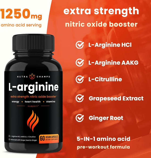 Premium L Arginine Supplement | 5-In-1 Nitric Oxide Supplement | L-Arginine Powder & L Citrulline Enhanced with Grape Seed & Ginger | Energy, Blood Flow, Heart Health & Stamina | 60 Vegan Capsules