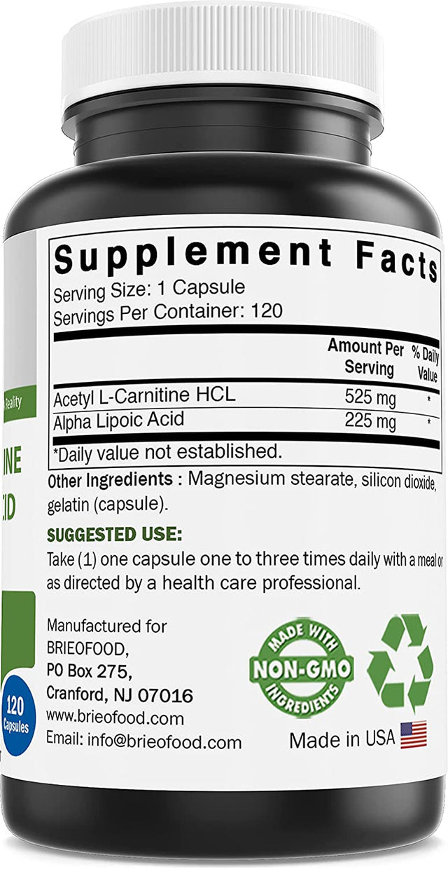 Brieofood Acetyl L-Carnitine Alpha Lipoic Acid (ALA ALC) 750 Mg 120 Capsules