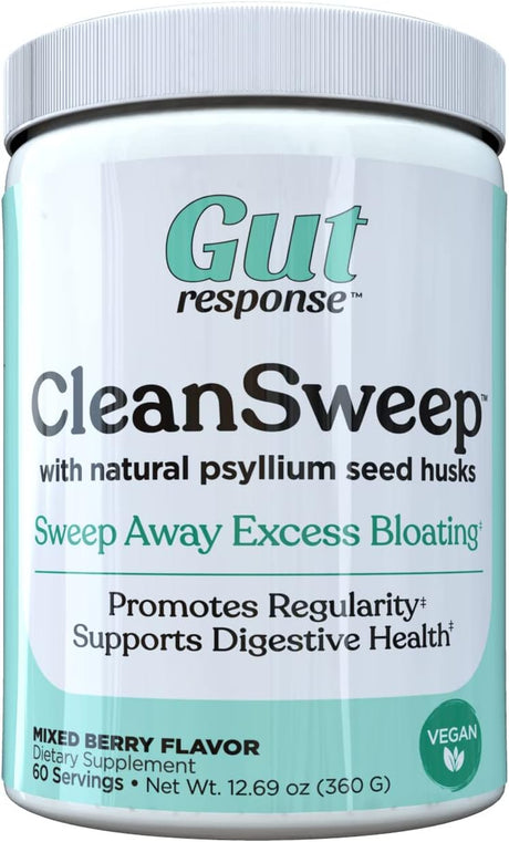 Gut Response Cleansweep Psyllium & Beet Fiber - Mixed Berry. 60 Servings for Digestive Health. Key Ingredients: Psyllium & Beet Fiber. Dietary Supplement.