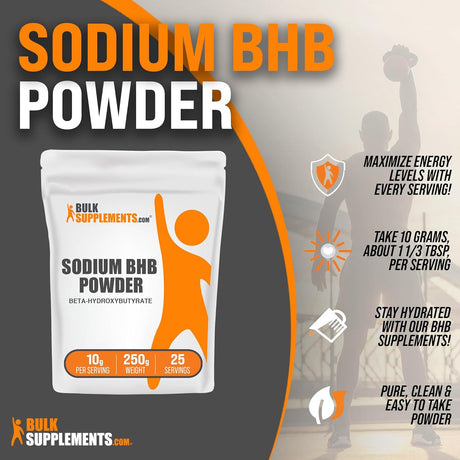 BULKSUPPLEMENTS.COM Sodium BHB Powder - Beta-Hydroxybutyrate Powder, BHB Supplement - BHB Salts, Electrolytes Supplement, Pack of 1 - Pure & Unflavored, 10G per Serving, 250G (8.8 Oz)