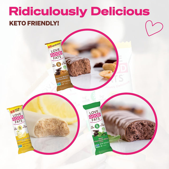 Love Good Fats Keto Protein Snack Bars - Chocolate Lover Variety Pack - 1-2G Sugar, 8-10G Protein, 5G Net Carbs, Gluten-Free, Non GMO - Peanut Butter, Mint, Lemon Mousse, Coconut - 4 Flavors (12 Pack)