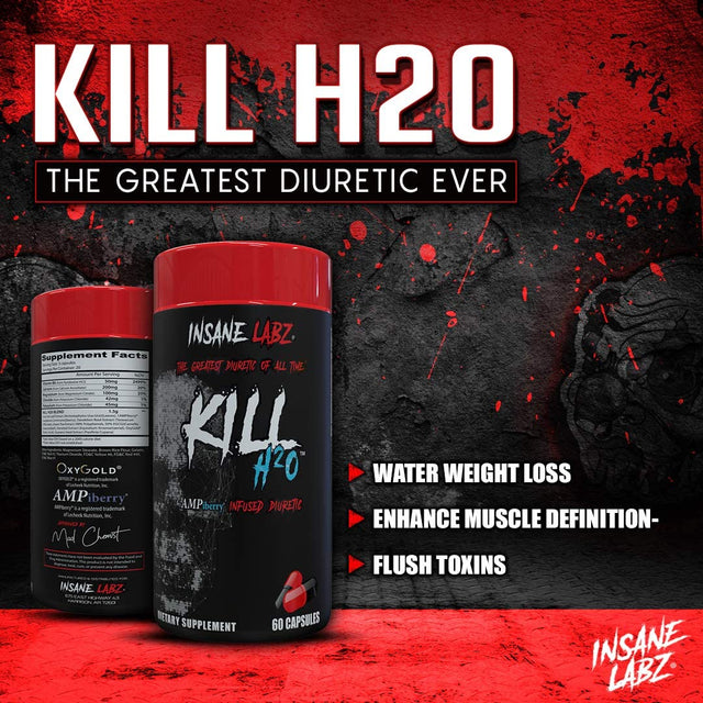 Insane Labz Kill H20, Ampiberry Infused Diuretic, Reduce Water Retention and Bloating Relief with Dandelion Root and Green Tea Extract, 20 Servings