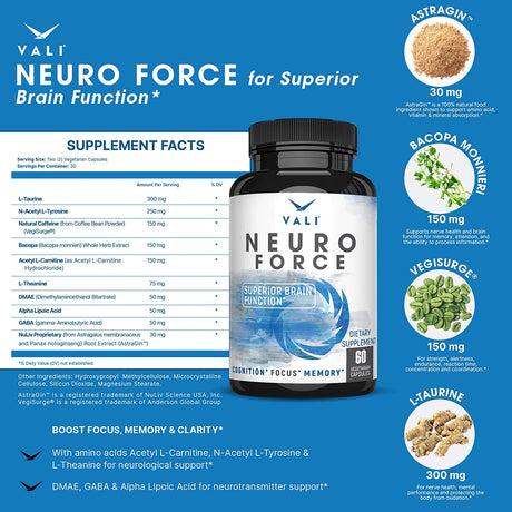 VALI Neuro Force Caffeine & L-Theanine Bundle - Nootropic Brain Booster Supplement for Focus, Memory, Clarity & Energy and Smart Smooth Focused Energy Cognitive Nootropic Supplement