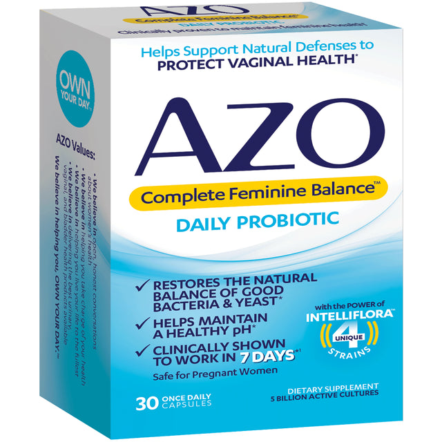 AZO Complete Feminine Balance Daily Probiotics for Women, Clinically Proven, Support Vaginal Health, Non-Gmo, 30 Count